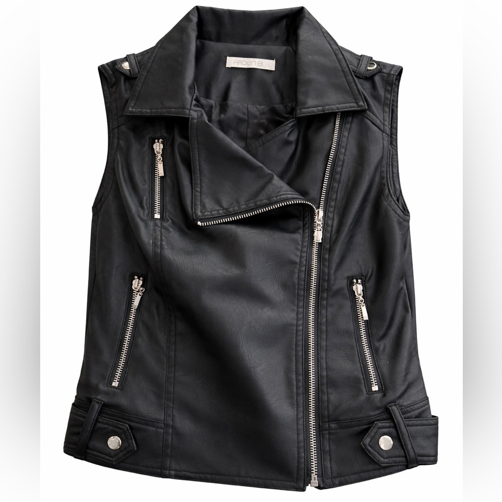 ARDEN B Black Faux Leather Moto Vest Silver Zipper Sleeveless Jacket Medium - Picture 3 of 9